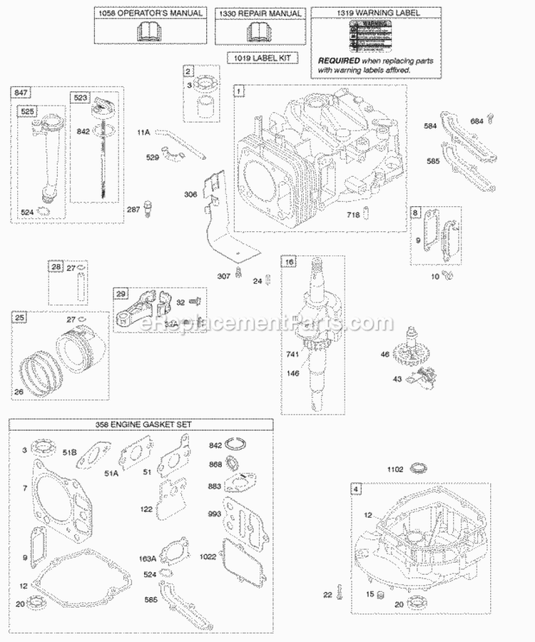 Camshaft Crankshaft Cylinder Engine Sump Lubrication Piston Group Diagram and Parts List for 12J602-0122-B1  Briggs and Stratton Engine